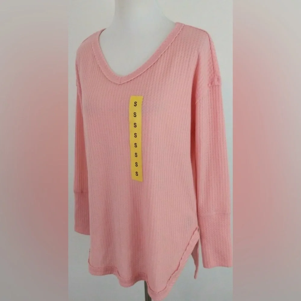 Vintage America Peachy Pink Waffle Knit Long Sleeve Oversized Top Small - Picture 3 of 7